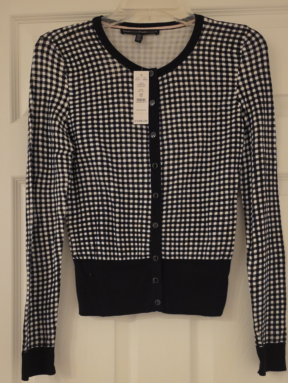 White House Black Market Black and White Gingham Snap Front Cardigan
